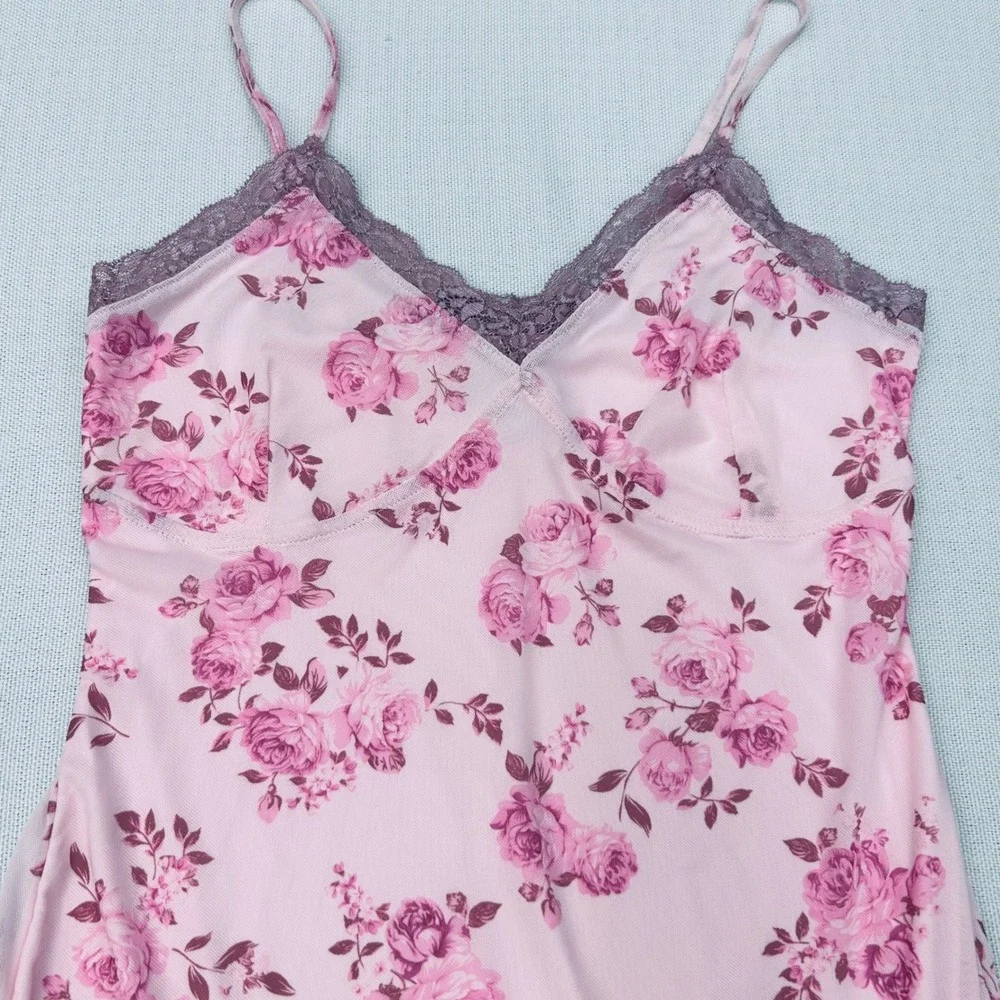Pink Floral‎ Slip Dress Small Lace Trim Chemise Lingerie Nightgown Y2K Coquette